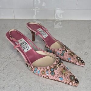 Emma Hope pink embroidered Beaded Slingback 40.5  pumps heels shoes floral